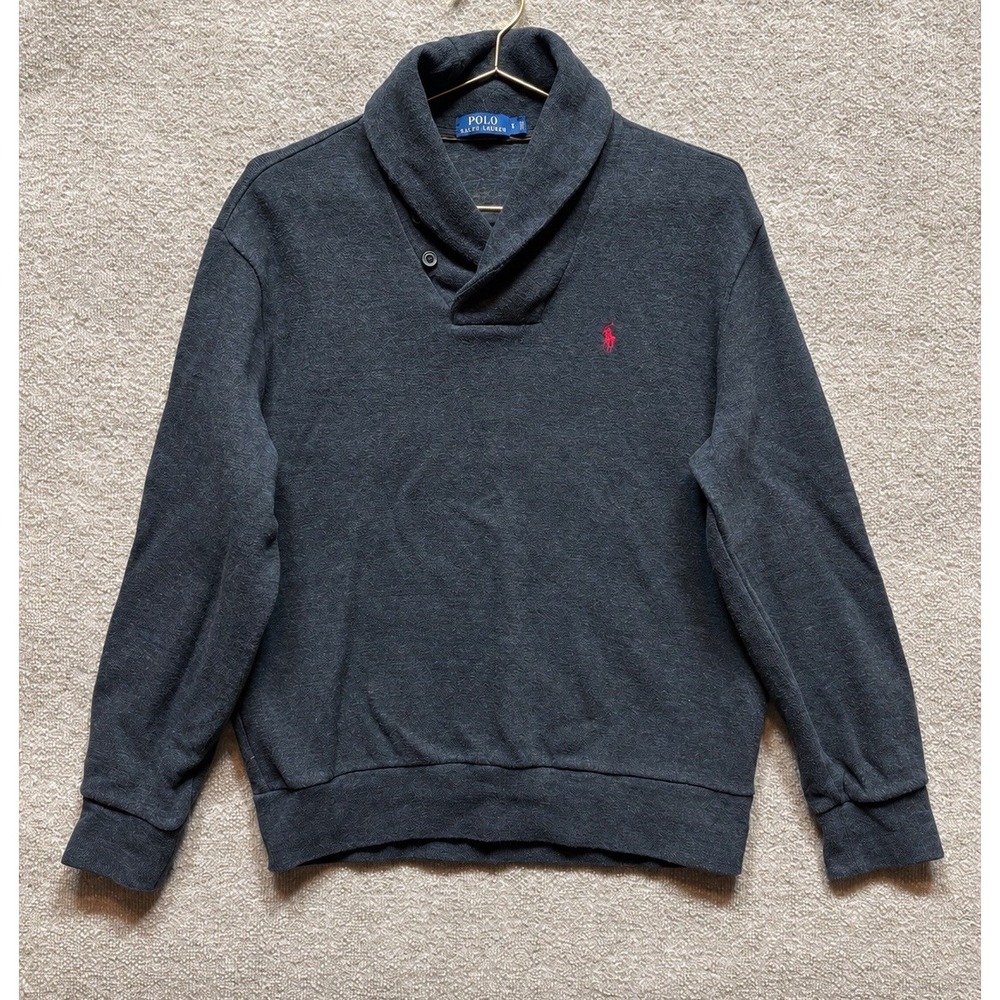 Polo Ralph Lauren Shawl Collar Sweater Suede Elbow Patches Size Large Charcoal